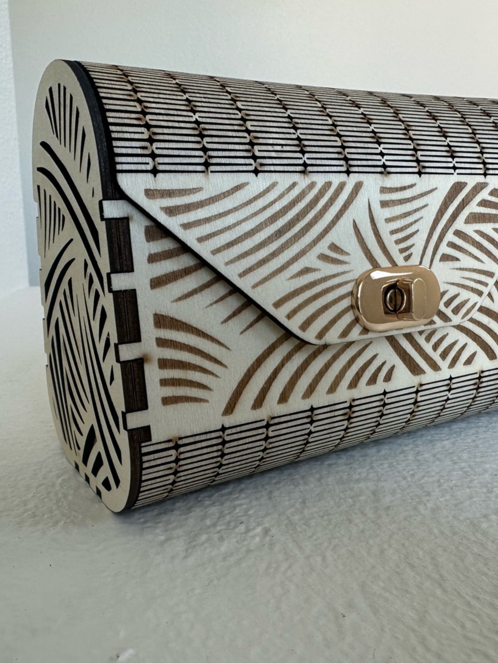 White & Natural Brown Laser-Cut Wooden Clutch with Gold Turn-Lock